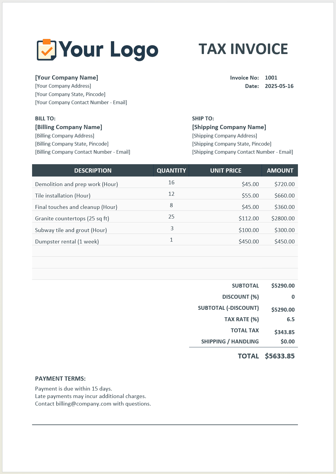 Sample contractor invoice for kitchen remodel showing itemized labor, materials, equipment rental and tax calculations totaling $11,576.55