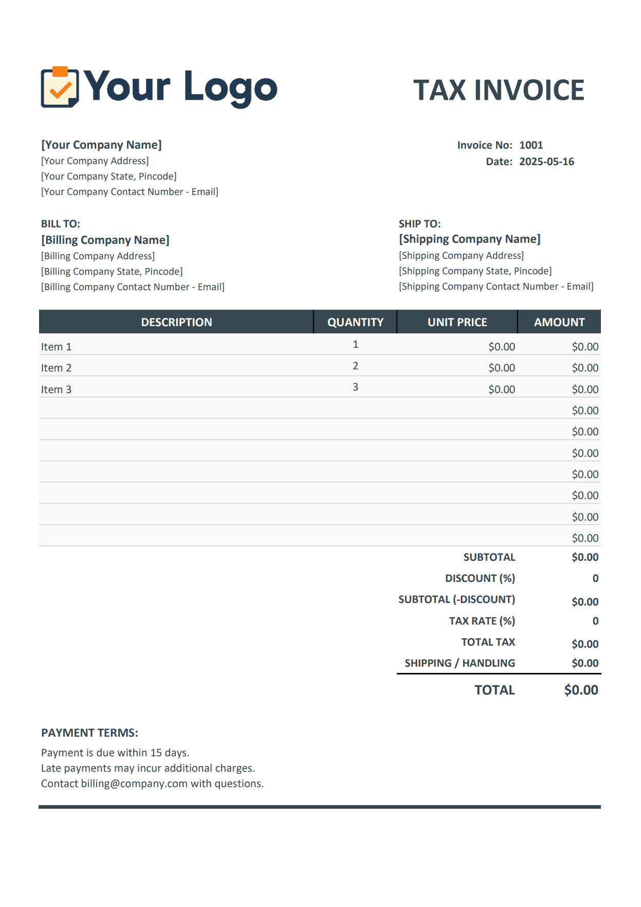 Contractor invoice template Excel format showing labor, materials and automatic calculations