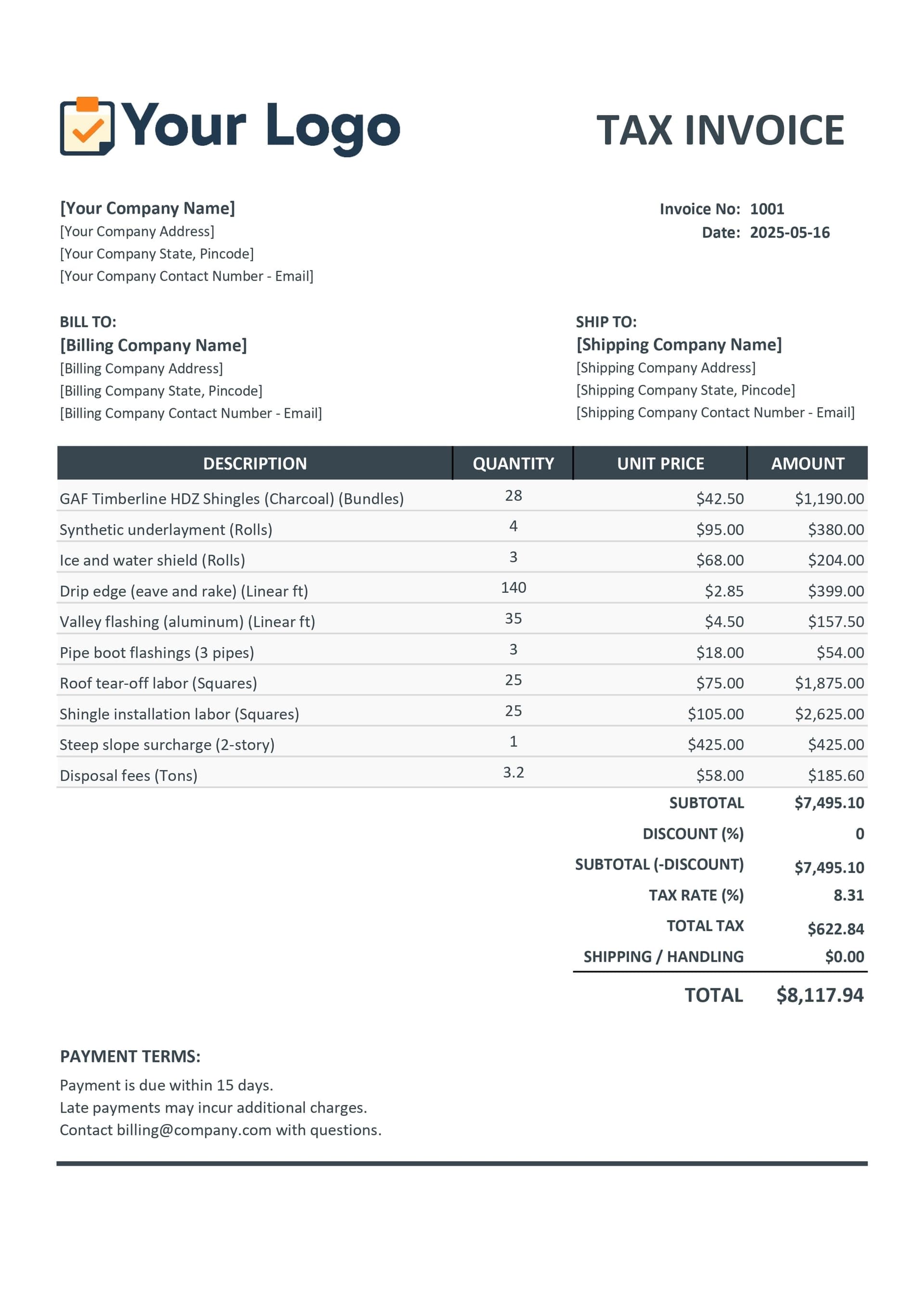 Sample roofing invoice for 25-square roof replacement showing itemized materials, labor, tear-off, disposal, and steep slope charges totaling $8,750