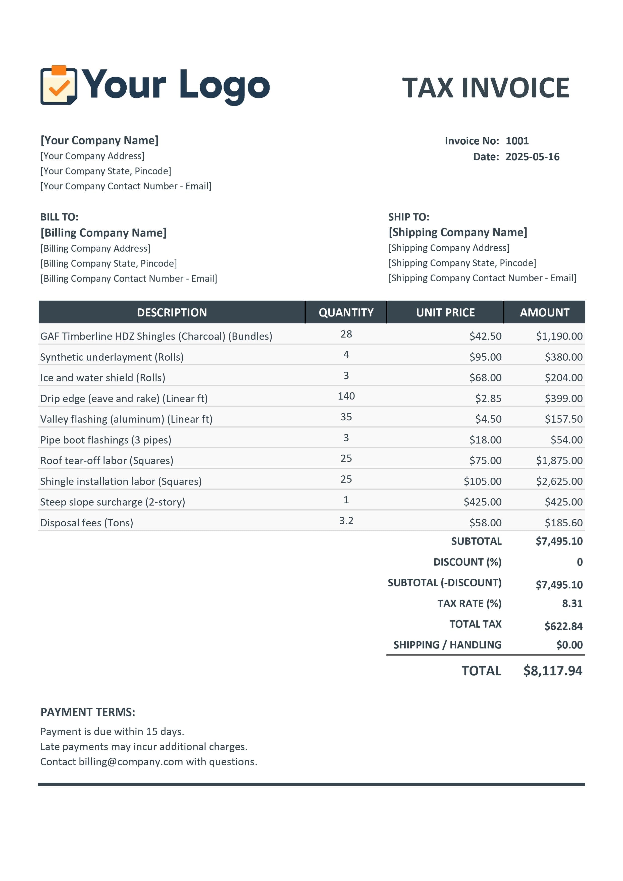Sample roofing invoice for 25-square roof replacement showing itemized materials, labor, tear-off, disposal, and steep slope charges totaling $8,750